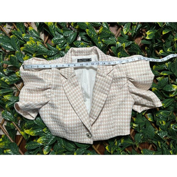 BLITHE LA Pink White Houndstooth Puffy Shoulder Cropped Blazer Top Size S - Picture 6 of 7